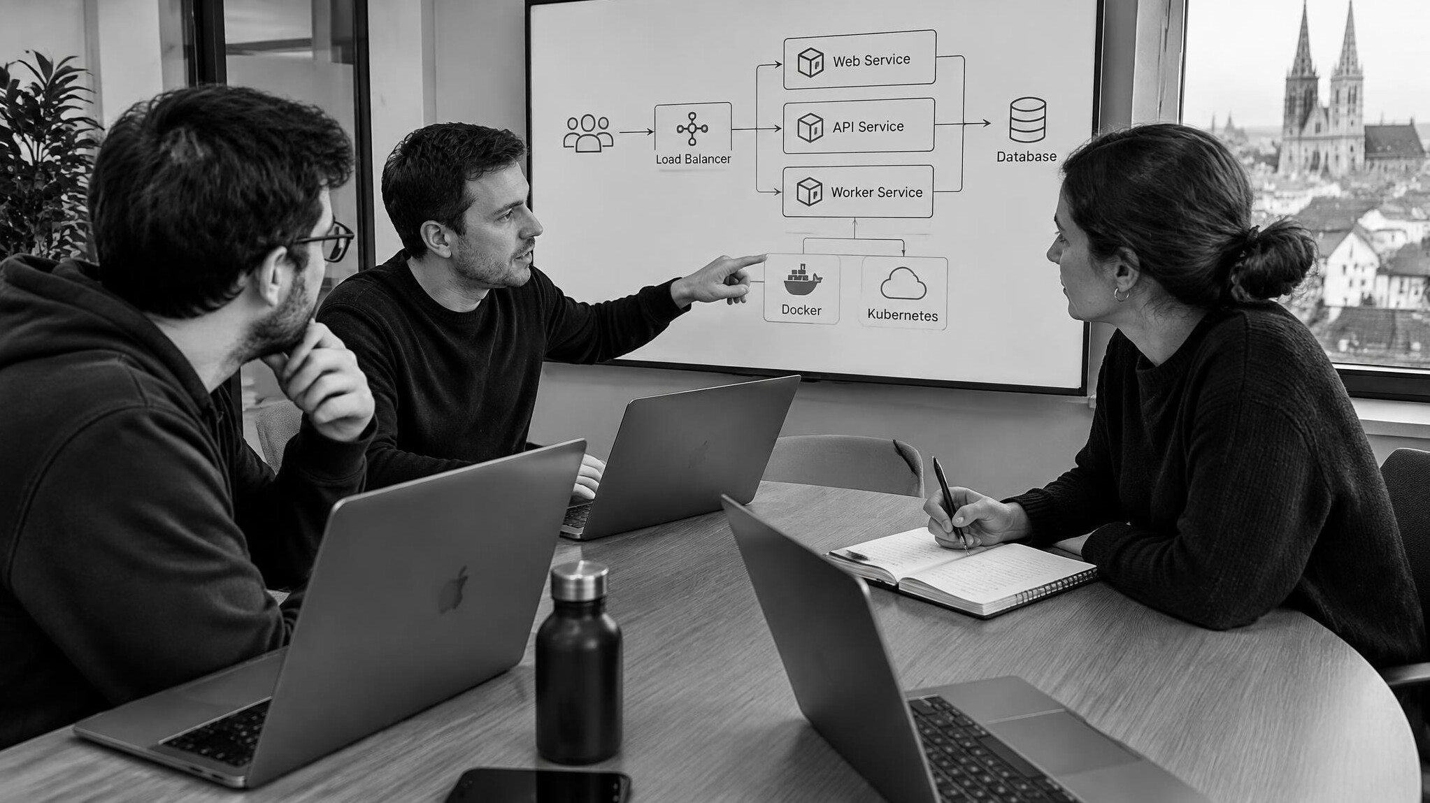 Small team meeting around a table with laptops discussing a project