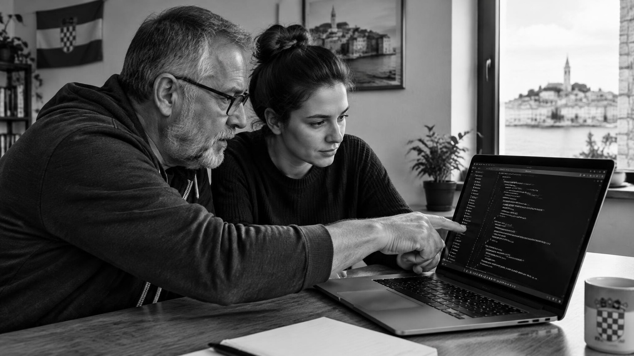 Two developers reviewing code together on a laptop screen