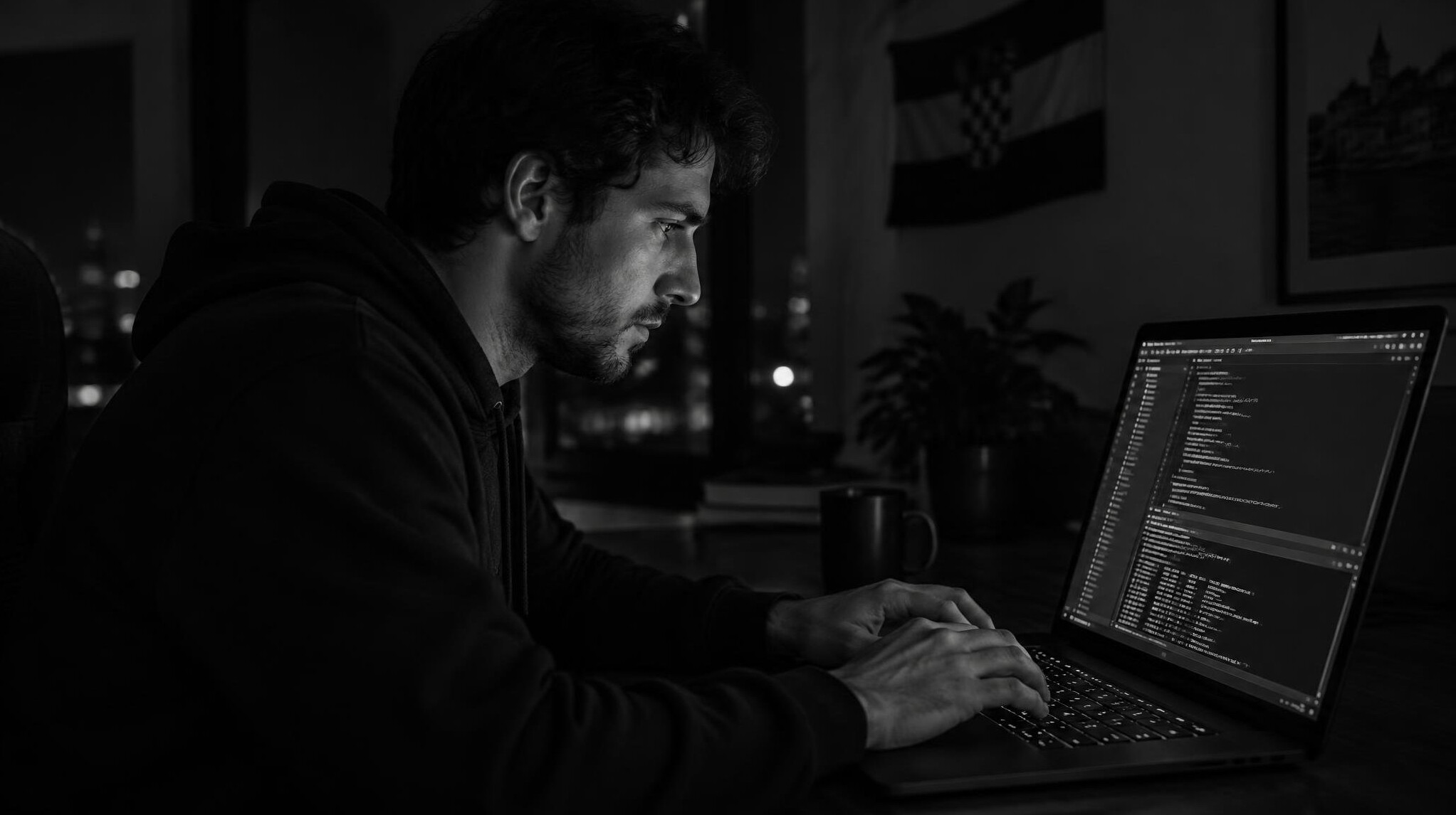 Programmer coding late at night on a laptop with dark terminal screen